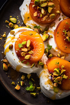 Peaches with mascarpone and pistachios dessert. Vertical, close-up, top view.