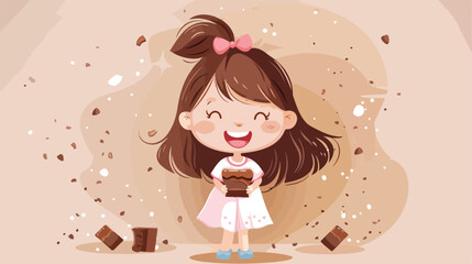 Cute little girl with sweet chocolate on color background