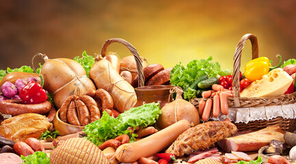 Varied assortment of prepared meats and sausages with vegetables and herbs. Wonderful food background for your projects.