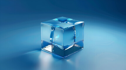 macro of ice cube ,3d render of blue cube on blue background with some smooth highlights ,Ice cube with reflection on blue background