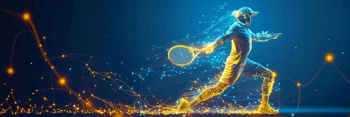 technology in tennis sports, digital yellow  low poly tennis player with glowing data streams, ai in sports analytics, player performance tracking systems, training programs for tennis athletes. 