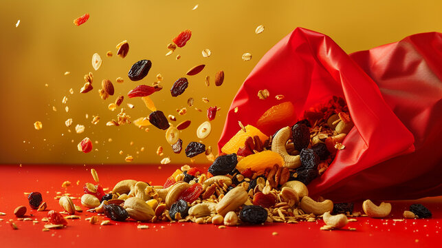 A dynamic composition featuring a trail mix of dried fruits and nuts bursting out of a vibrant red bag, symbolizing energy and vitality.