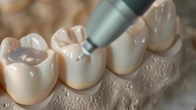 A macro shot of a dental filling procedure on a molar, displaying the precision and detail involved in restorative dentistry. Dental problems and tooth decay. Jaw surgery