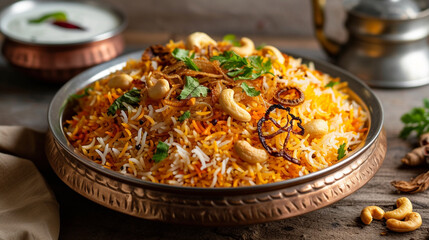A front view of a plate of biryani with aromatic rice, cooked with chicken, spices, and saffron,...