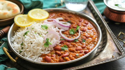 A front view of a plate of rajma chawal with red kidney beans curry, served with a plate of basmati rice, and garnished with sliced onions and lemon wedges. 