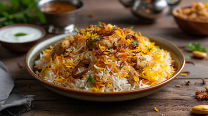 A front view of a plate of biryani with aromatic rice, cooked with chicken, spices, and saffron, and garnished with fried onions, cashews, and raisins. 
