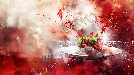 Digital art of a chefs hat over a gourmet dish. with scattered ingredients symbolizing the savoring of information for understanding culinary arts