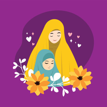 Muslim mother with her daughter, vector illustration greetings card for happy mothers day