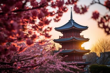 Fototapeta premium A Traditional Chinese Pagoda Nestled Amongst Cherry Blossom Trees, Illuminated by the Soft Glow of the Setting Sun