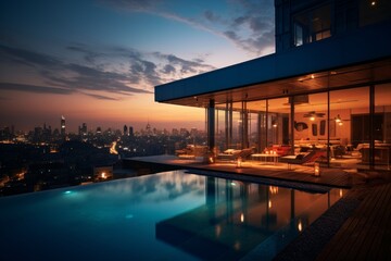 An Urban Loft with a Rooftop Pool Overlooking the Bustling Cityscape, Illuminated by the Warm Glow of a Setting Sun