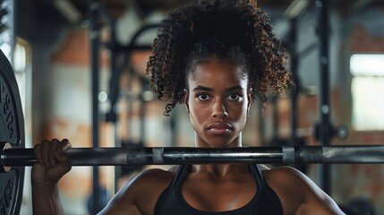 A fit woman with dark skin and light hair lifts a barbell in a gym. She's strong and focused on her workout. - Powered by Adobe