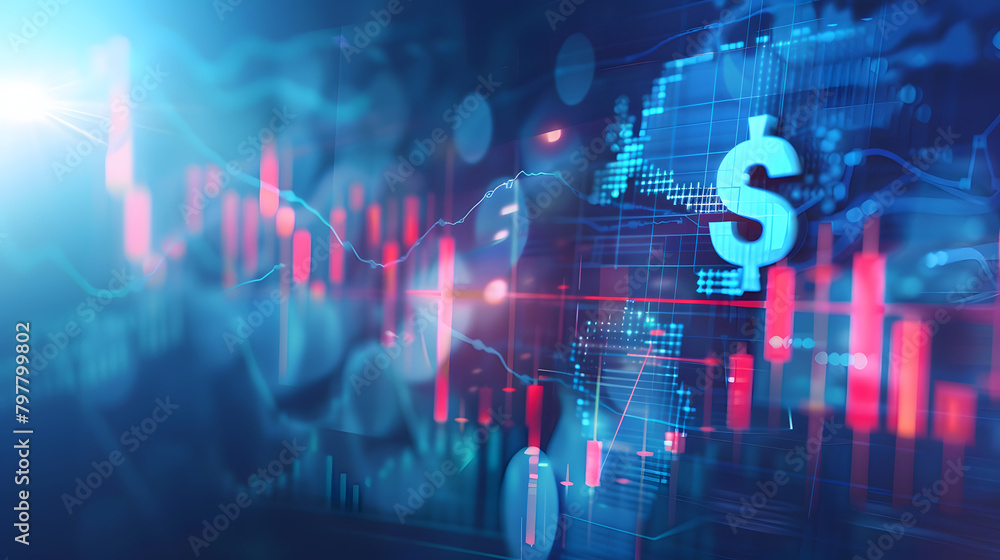 Poster digital background with stock market charts and graphs on the right side. dollar sign in front of it