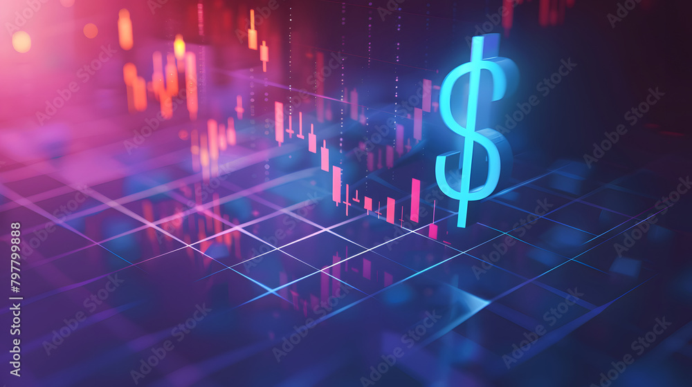 Poster digital background with stock market charts and graphs on the right side. dollar sign in front of it