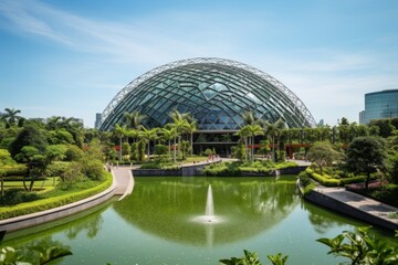 A stunning view of the Park Butterfly Dome, an architectural marvel surrounded by lush greenery, under a clear blue sky