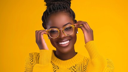 A happy Black woman in a yellow sweater smiles and adjusts her glasses while looking at the camera. She has a bright yellow background.
