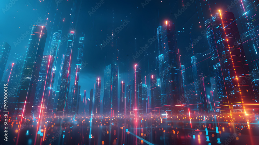 Poster digital cityscape with holographic buildings and glowing lines representing data. symbolizing the in