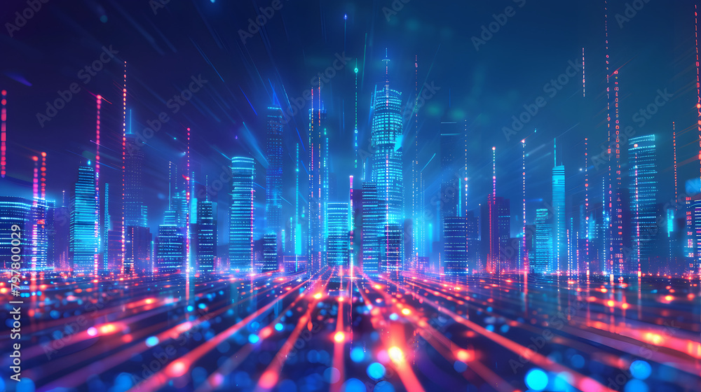 Aufkleber digital cityscape with holographic buildings and glowing lines representing data. symbolizing the in
