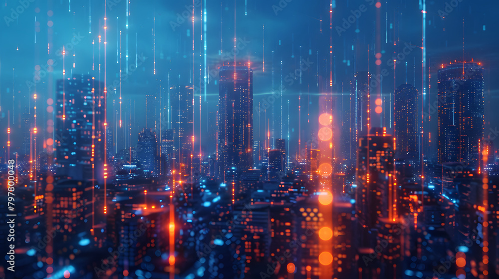 Poster digital cityscape with holographic buildings and glowing lines representing data. symbolizing the in