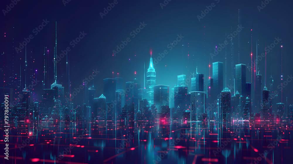 Poster digital cityscape with holographic buildings and glowing lines representing data. symbolizing the in