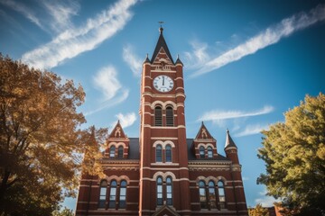The Grandeur of Public Education: A Majestic Red Brick Public School Building with a Clock Tower under a Clear Blue Sky