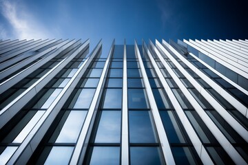 A Modern Architectural Marvel: Broad Building Face Adorned with Vertical Window Strips Reflecting the Sky