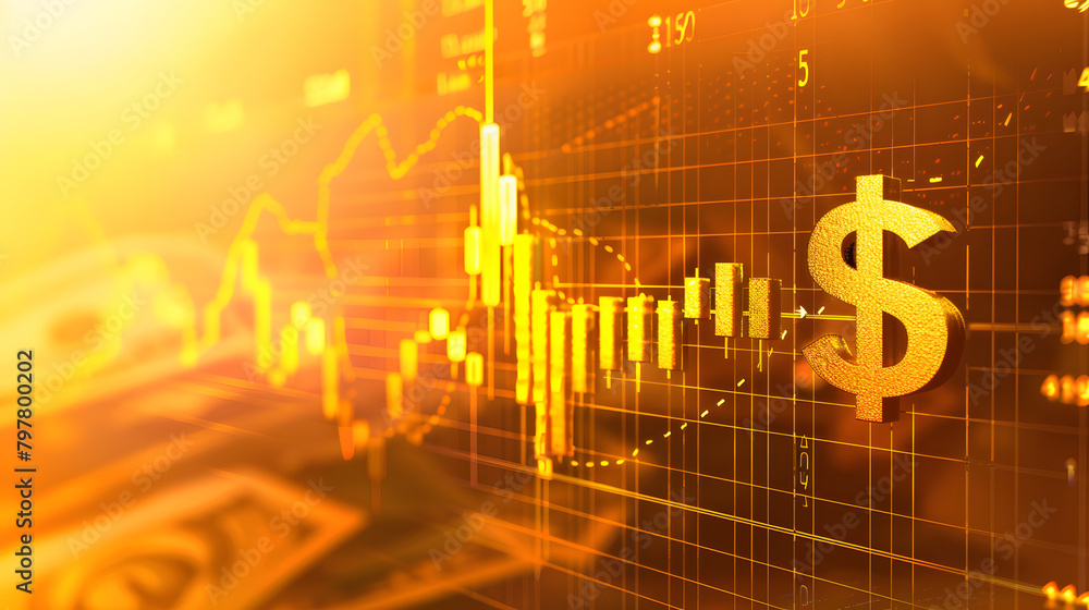 Poster digital environment with stock market plots and charts on the right. a dollar insignia in the foregr