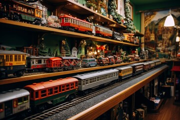 A Charming Toy Train Store with Vintage Decor, Wooden Shelves Filled with Colorful Trains, and a Miniature Railway on Display