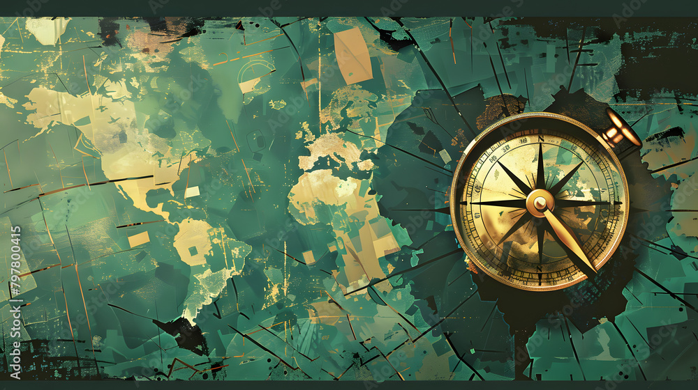 Poster digital illustration of a compass over a world map. with fragmented sections symbolizing the explora