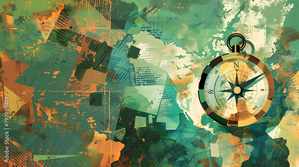 Poster digital illustration of a compass over a world map. with fragmented sections symbolizing the explora
