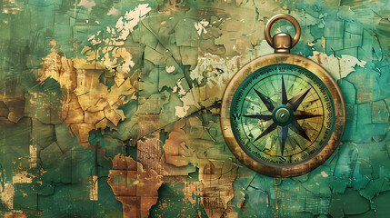 Fototapeta premium Digital illustration of a compass over a world map. with fragmented sections symbolizing the exploration for geographical understanding