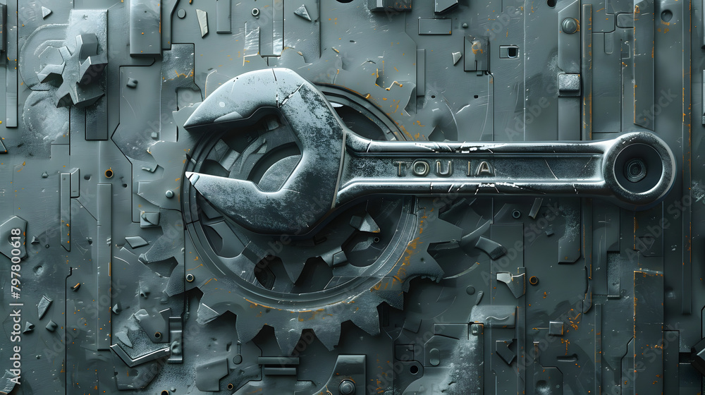 Poster digital illustration of a wrench over a machine gear. with broken parts symbolizing the exploration 