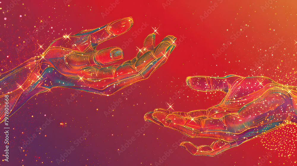 Poster digital illustration of human hands with a backdrop of an abstract. star pattern and a gradient red 