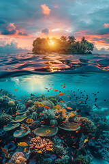 Selective focus of Colorful coral reefs and tropical islands at sunset Underwater landscape with fish in sea water.