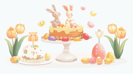 Dessert stand with tasty Easter cake toy bunnies