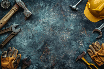 Labor Day workshop concept. Backdrop template with large space for text. Top view of a composition of tools: hammer, work gloves, helmet, adjustable wrench. Space for repair service promo.