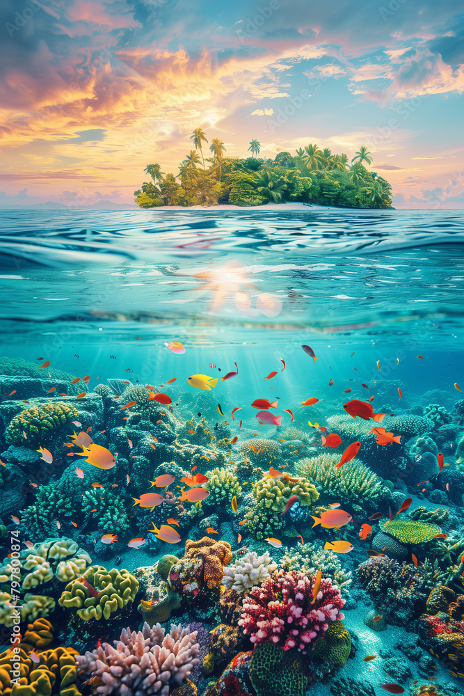 Wall mural selective focus of colorful coral reefs and tropical islands at sunset underwater landscape with fis