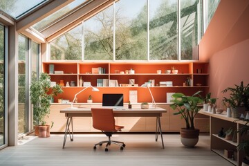 A Bright and Spacious Coral Tidy Office with Modern Furniture, Large Windows Letting in Natural Light, and Organized Workspace