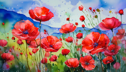 Watercolor illustration of red poppies. Wild flower. Beautiful nature. Hand drawn art