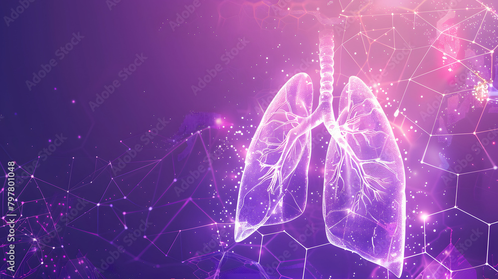 Poster digital illustration of human lungs with a backdrop of an abstract. hexagonal pattern and a gradient