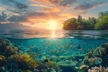 Selective focus of Colorful coral reefs and tropical islands at sunset Underwater landscape with fish in sea water.