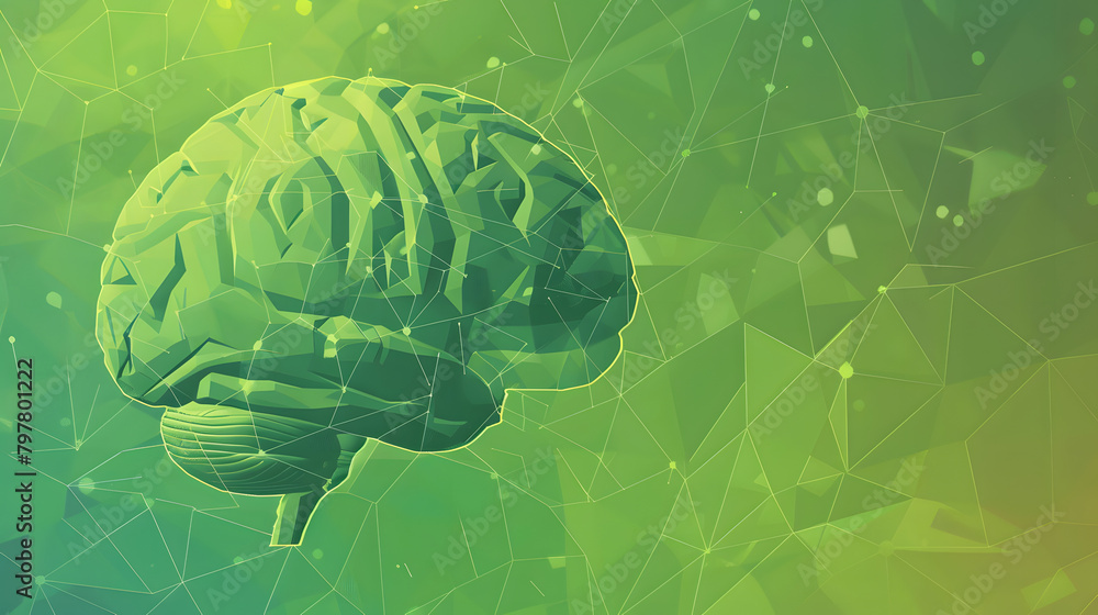 Poster Digital illustration of the human brain with a backdrop of an abstract. triangular pattern and a gradient green background