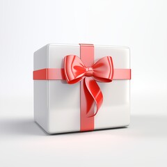 Elegant white gift box with a vibrant red ribbon and bow