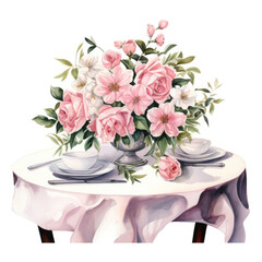 Festive table served with dishes, cutlery and bouquet of flowers. Round table for wedding. Beautiful bouquet of pink flowers on the table, watercolor illustration