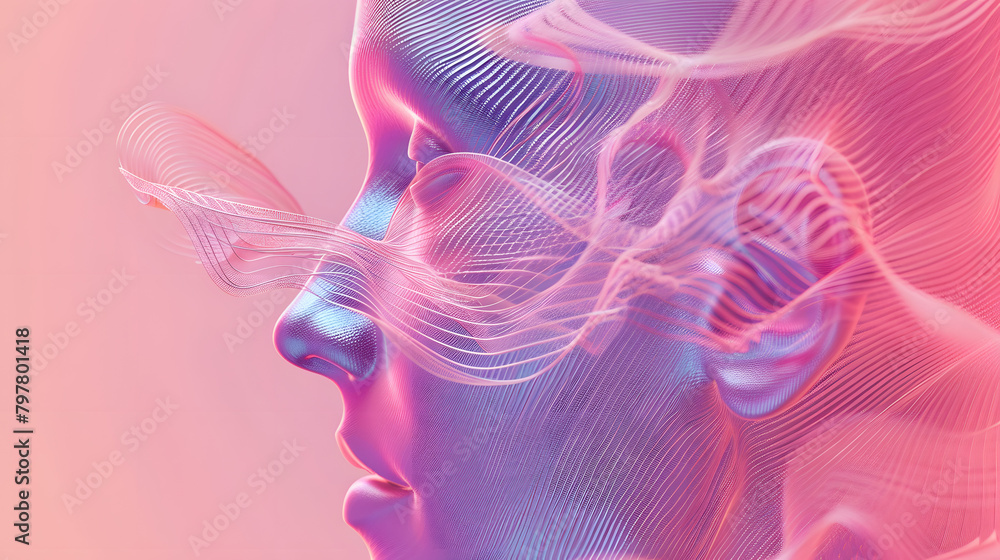 Poster digital illustration of the human ear with a backdrop of an abstract. wave pattern and a gradient pi