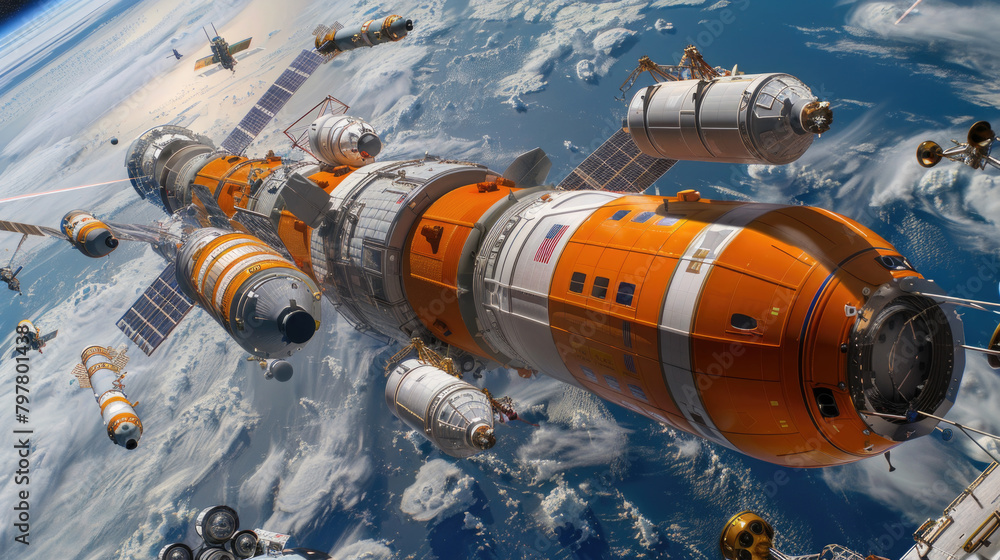 Poster artists rendition of a space station floating in the vast emptiness of outer space, surrounded by st