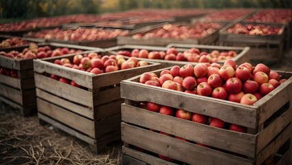Wooden crates full of red ripe apples after harvest on apple farm, ready for apple juice press. Ecological agriculture concept.