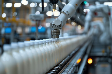 Selective focus of A robot arm in a dairy factory is picking up a stack of white glass bottles filled with fresh pasteurized milk.
