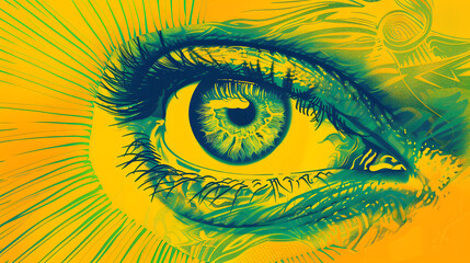Digital illustration of the human eye with a backdrop of an abstract. spiral pattern and a gradient yellow background