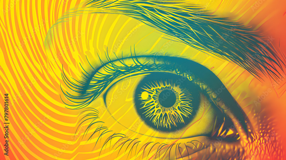 Aufkleber digital illustration of the human eye with a backdrop of an abstract. spiral pattern and a gradient 