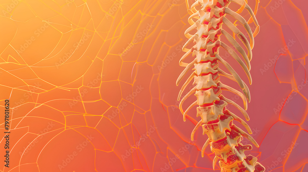 Poster digital illustration of the human spine with a backdrop of an abstract. circular pattern and a gradi